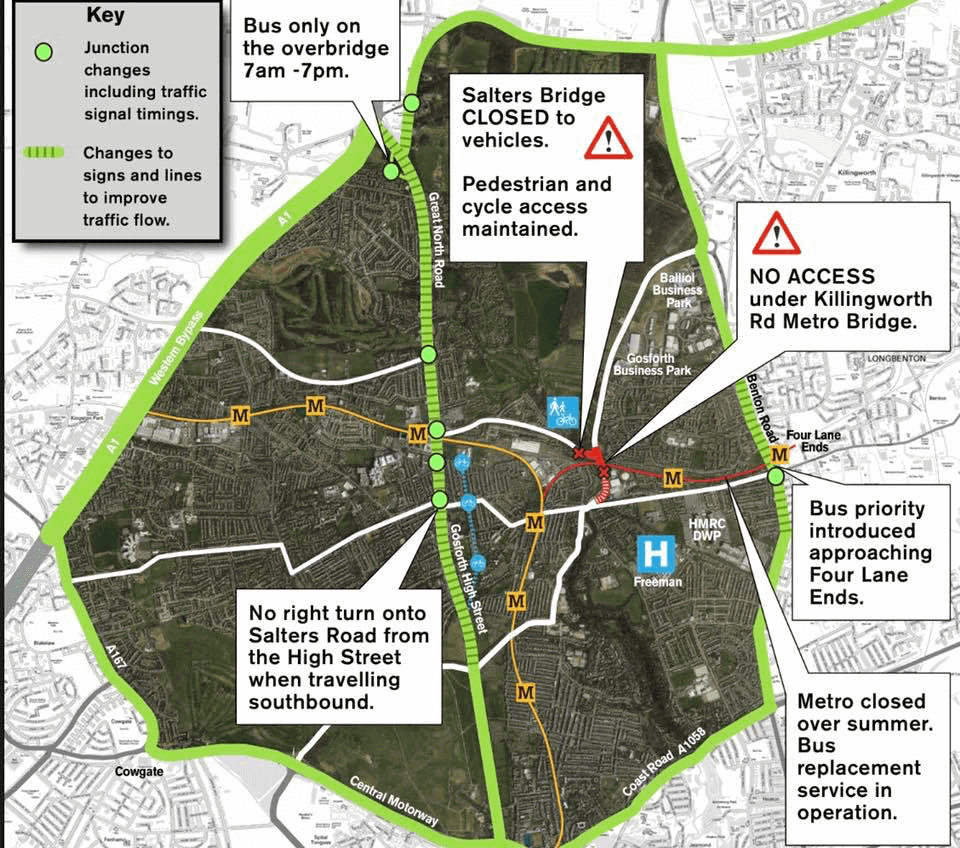 A map showing travel disruptions in Newcastle